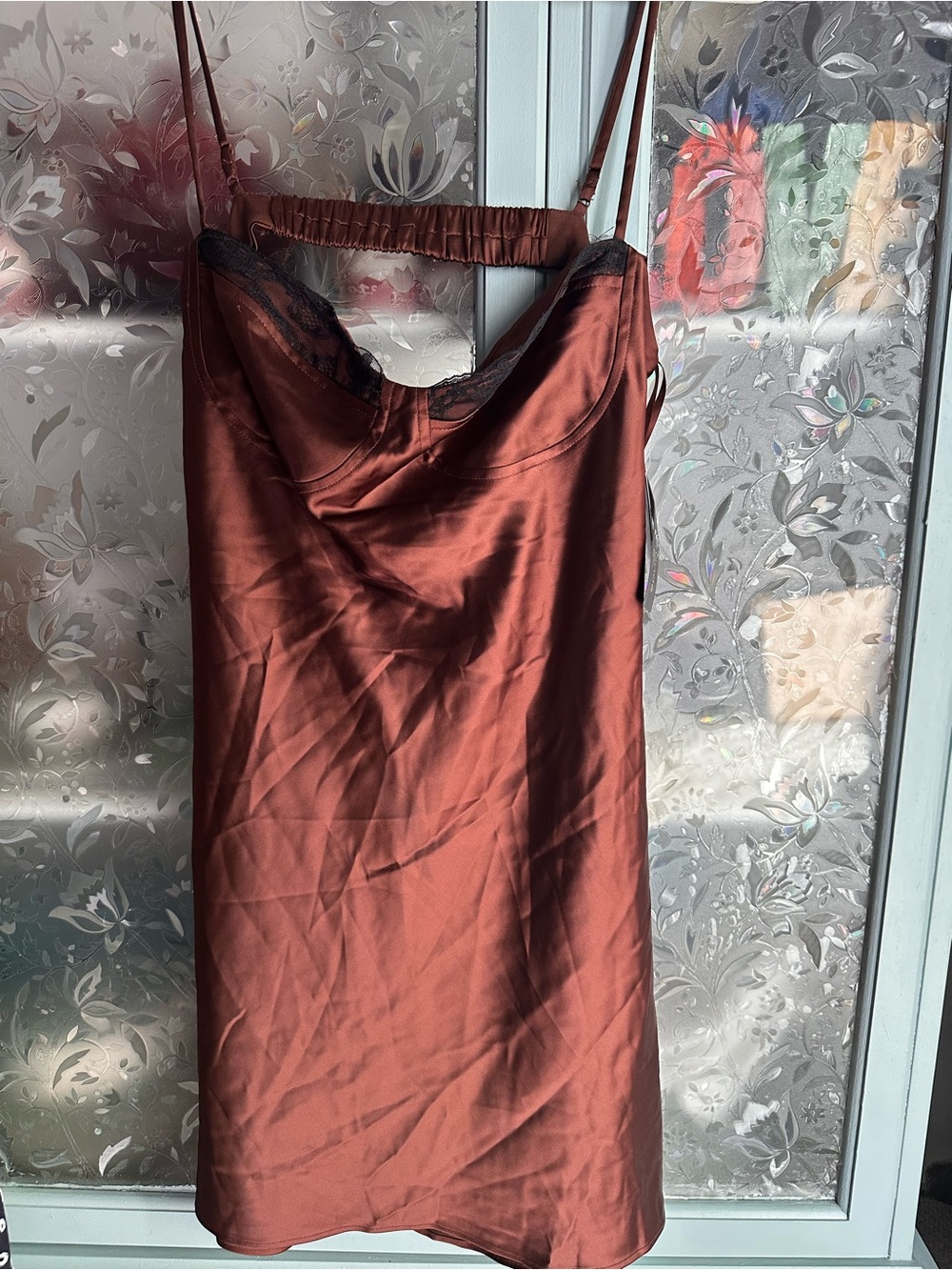 Satin Lace-Trim Slip Dress in Rust